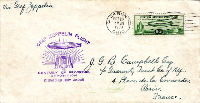 Century of Progress flown cover franked with C-18.
