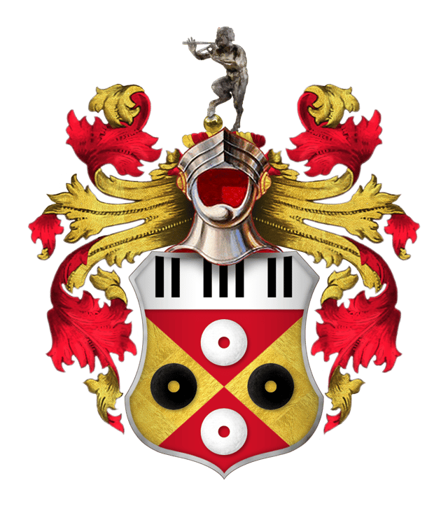 Sir Elton John's coat of arms. Granted to him in 1987, the shield includes piano keys and records. The Spanish motto, "el tono es bueno", combines a pun on Elton John's name with the translation "the tone is good". The black, red and gold colours are also those of Watford F.C. The steel helmet above the shield faced forwards and with its visor open indicates that John is a knight.