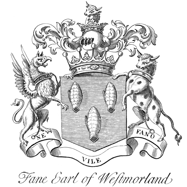 Heraldic achievement of Fane family, Earls of Westmorland. Latin motto: Ne Vile Fano, generally rendered in English as "Disgrace not the altar"; literally translated: "Do not (put something) cheap in the temple". The motto is a play on the names Nevile and Fane, with which former family the crest of a bull's head is shared. The ancient motto of Neville is: Ne vile velis, "form no mean wish", literally: "do not wish for (something) cheap"