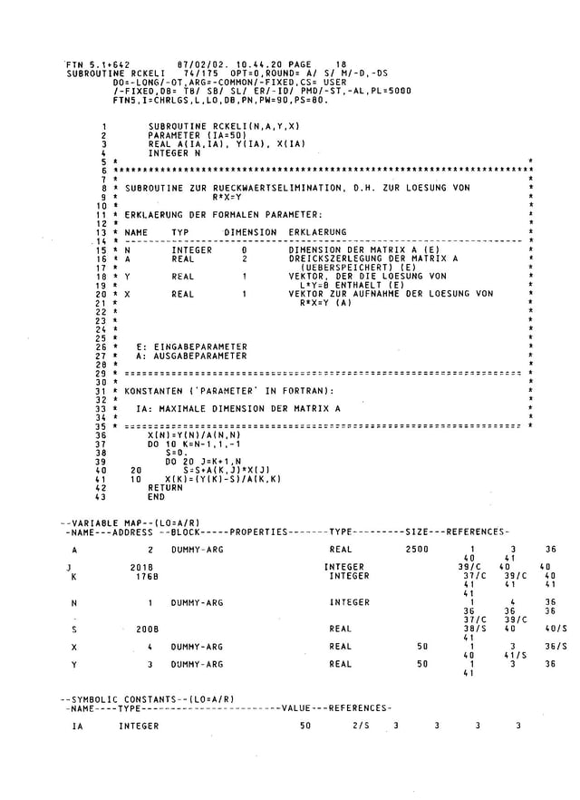 FORTRAN-77 program with compiler output, written on a CDC 175 at RWTH Aachen University, Germany, in 1987