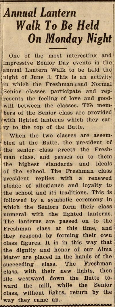Old newspaper clipping describing the Lantern Walk tradition at ASU, May 30, 1929