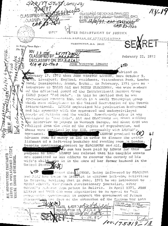 Confidential (here declassified and censored) letter by J. Edgar Hoover about FBI surveillance of John Lennon