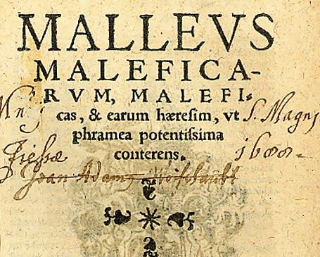 Title page of the seventh Cologne edition of the Malleus Maleficarum, 1520 (from the University of Sydney Library). The Latin title is "MALLEUS MALEFICARUM, Maleficas, & earum hæresim, ut phramea potentissima conterens". (Generally translated into English as The Hammer of Witches which destroyeth Witches and their heresy as with a two-edged sword).