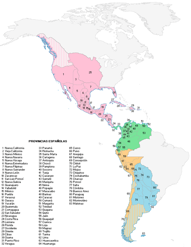 The Americas towards the year 1800, the colored territories were considered provinces in some maps of the Spanish Empire.