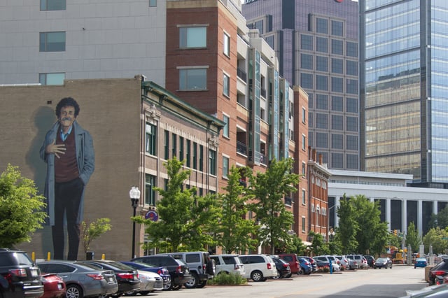 A mural memorializing Kurt Vonnegut stands on Mass Ave. The project was completed by local artist Pamela Bliss in 2011.