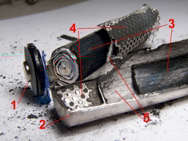 Disassembled NiMH AA battery: Positive terminalOuter metal casing (also negative terminal)Positive electrodeNegative electrode with current collector (metal grid, connected to metal casing)Separator (between electrodes)