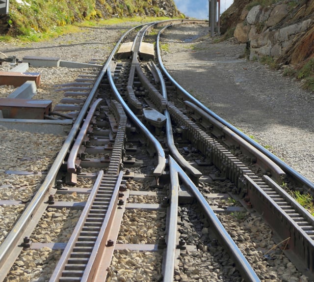 Railroad switch on a rack railway (at Schynige Platte, Switzerland)