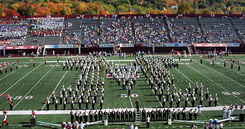 The University of Massachusetts Minuteman Marching Band during a pre-game show.