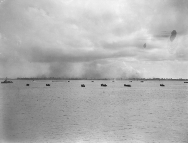American support craft moving towards Victoria and Brown beach to assist the landing of the members of Australian 24th Infantry Brigade on the island during Operation Oboe Six, 10 June 1945