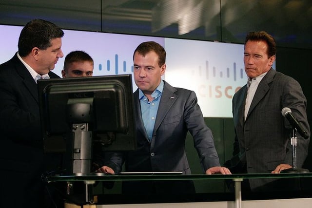 Russian President Dmitry Medvedev and California Gov. Arnold Schwarzenegger at Cisco, 2010.