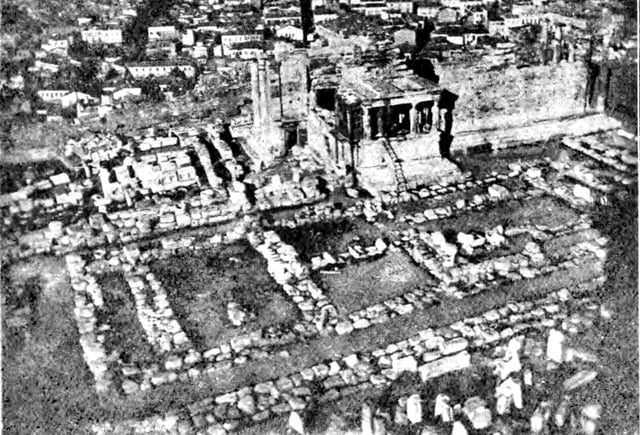 Remains of the Old Temple of Athena on the Acropolis, destroyed by the armies of Xerxes I during the Destruction of Athens.