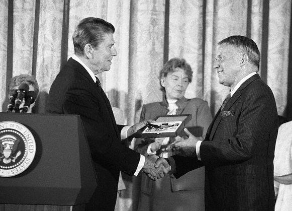 Sinatra is awarded the Presidential Medal of Freedom by President Ronald Reagan.