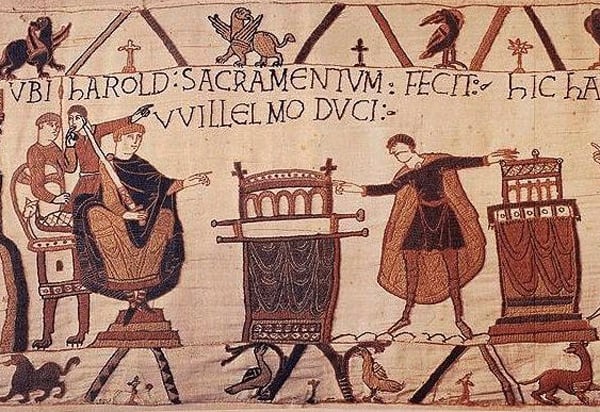 King Harold II of England (right) at the Norman court, from the Bayeux Tapestry