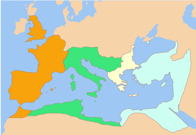 Division of the Roman Empire among the Caesars appointed by Constantine I: from west to east, the territories of Constantine II, Constans I, Dalmatius and Constantius II. After the death of Constantine I (May 337), this was the formal division of the Empire, until Dalmatius was killed and his territory divided between Constans and Constantius.