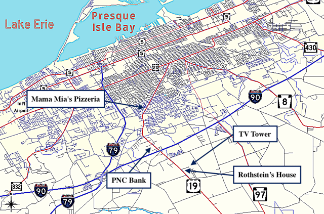 A map showing key locations of the case.