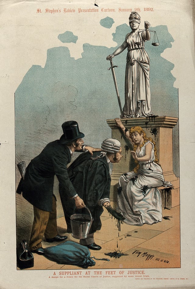 A British political cartoon showing a barrister and another man throwing black paint at a woman sitting at the feet of a statue representing Justice.