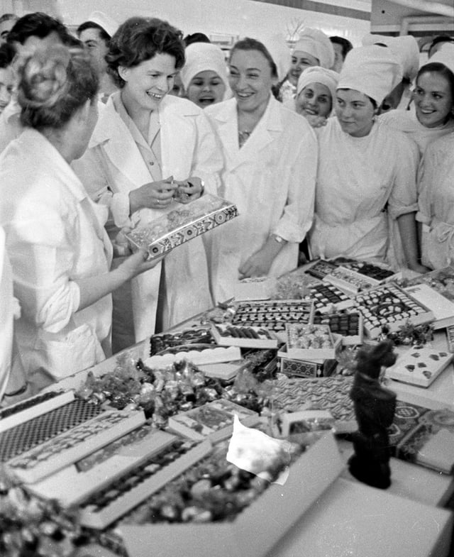 Valentina Tereshkova, the first woman in space, visiting the Lviv confectionery, Ukrainian SSR, 1967