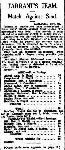 Match between Sindh & Australia in Karachi on 22 November 1935 was report by Daily Sydney Morning Herald