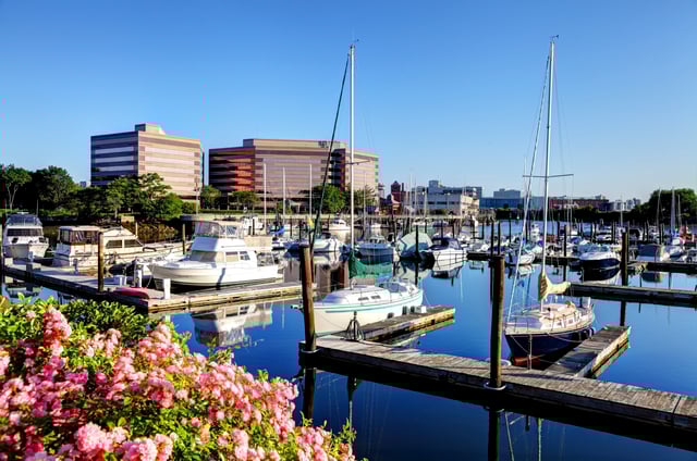 View of Stamford Harbor with 'Stamford Harbor Park' office buildings in the background