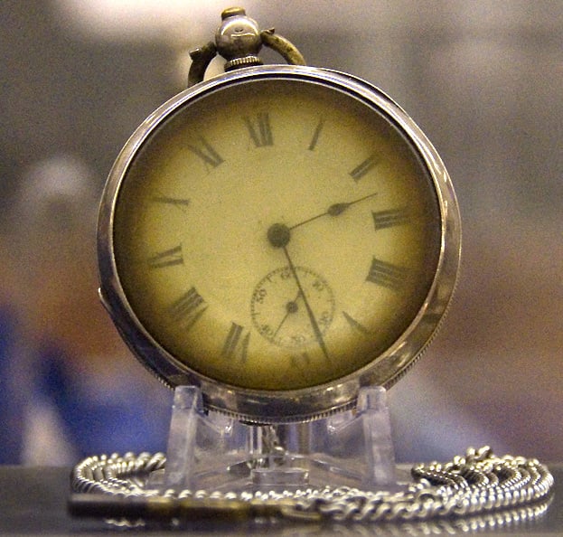 Pocket watch retrieved from the wreck site, stopped showing a time of 2:28