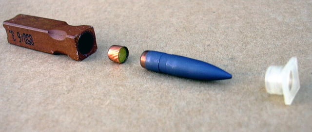 An example of caseless ammunition. This disassembled round, the 4.73×33mm, is used in the Heckler & Koch G11 rifle.