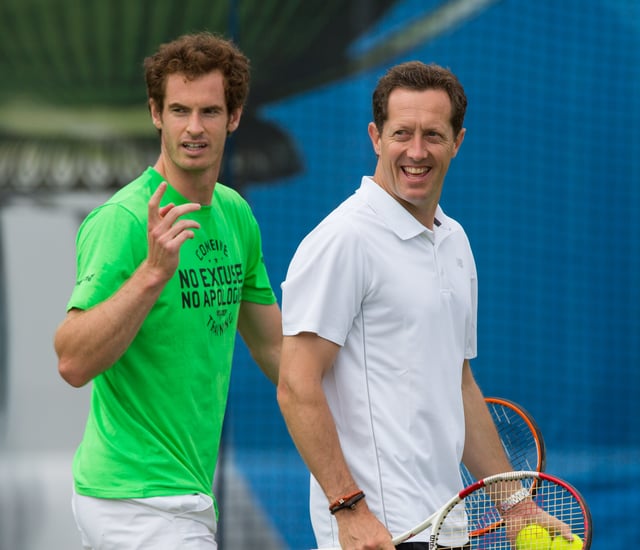 Murray with new coach Jonas Björkman during practice at the 2015 Aegon Championships