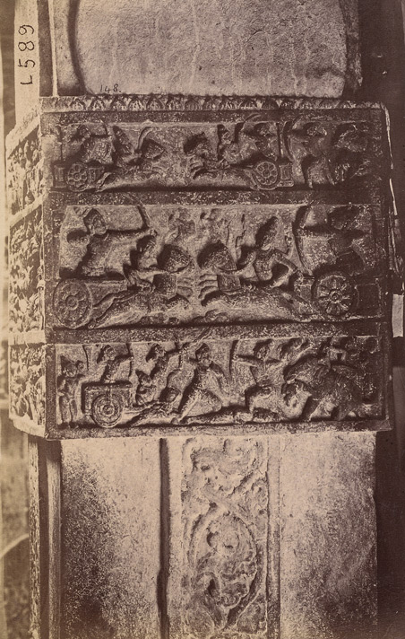 A frieze in the early 8th-century Virupaksha temple (Pattadakal) depicting Mahabharata scenes involving Arjuna-Krishna chariot. Pattadakal is a UNESCO world heritage site.