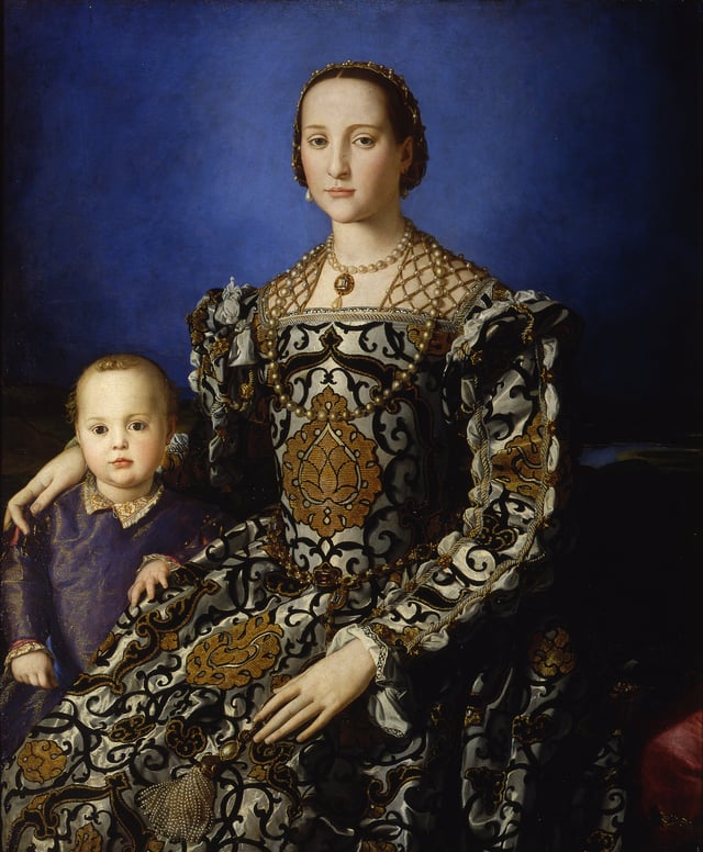 Eleanor of Toledo, daughter of marquis Pedro Álvarez de Toledo, Viceroy of Naples, 1532- 1553, was the wife, since 1539, of Cosimo I de' Medici, Duke of Florence. Portrait by Angelo Bronzino, oil on wood, 115x96 cm. Galleria degli Uffizi, Florence