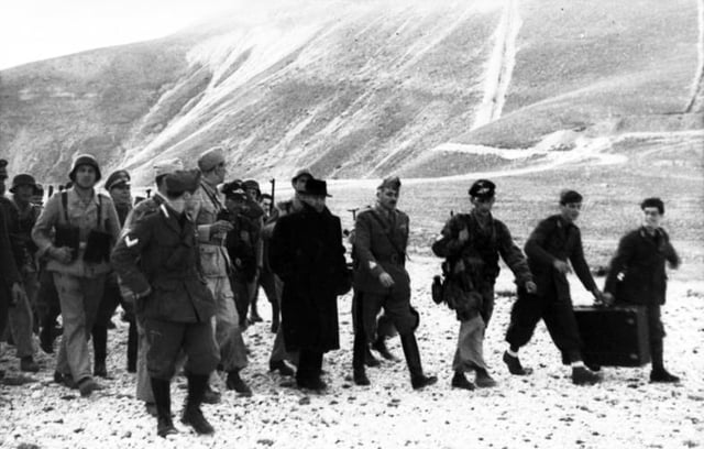 Mussolini rescued by German troops from his prison in Campo Imperatore on 12 September 1943.