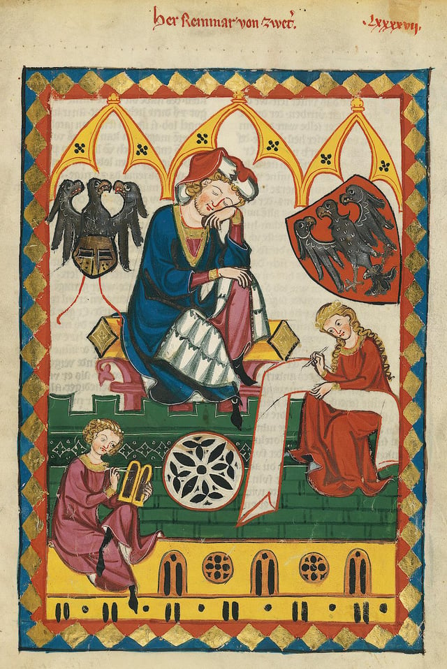 Herr Reinmar von Zweter, a 13th-century Minnesinger, was depicted with his noble arms in Codex Manesse.