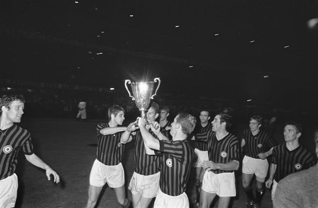 A.C. Milan celebrating after winning the European Cup Winners' Cup final in 1968