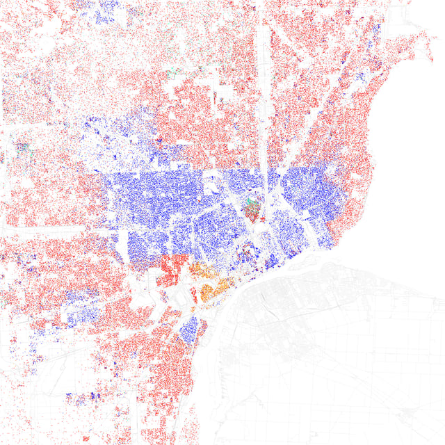 Map of racial distribution in Detroit, 2010 U.S. Census. Each dot is 25 people: White, Black, Asian, Hispanic or Other (yellow)