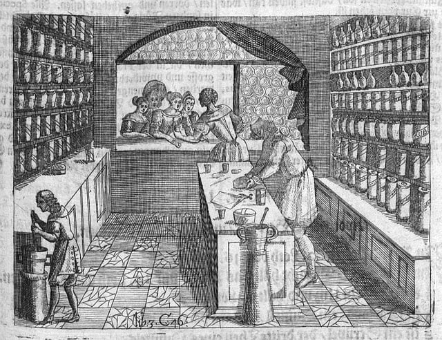 A typical 17th-century shop, with customers being served through an opening onto the street