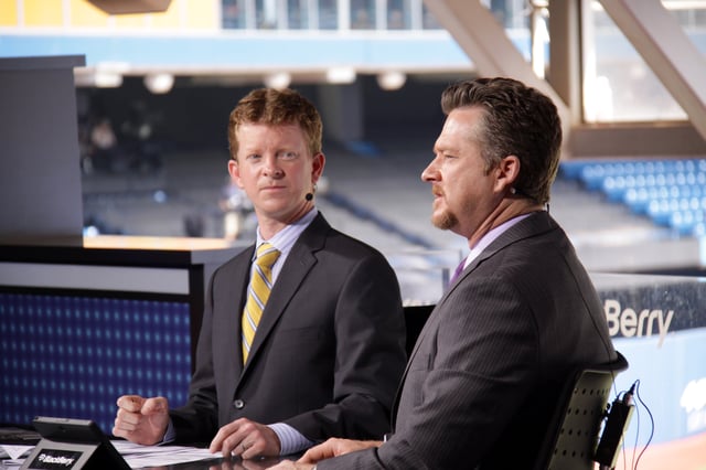 Jamie Campbell and Gregg Zaun providing Sportsnet coverage of a Toronto Blue Jays game in 2011.