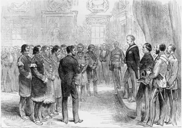 Mi'kmaq Grand Chief Jacques-Pierre Peminuit Paul (3rd from left with beard) meets Governor General of Canada, Marquess of Lorne, Red Chamber, Province House, Halifax, Nova Scotia, 1879