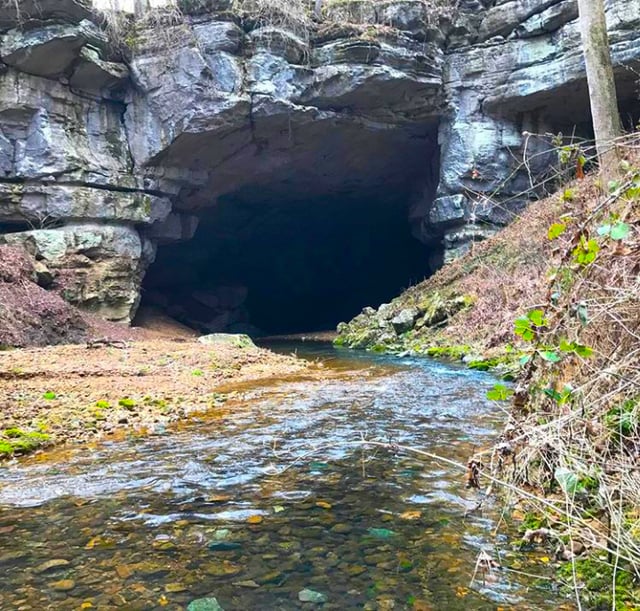 One of the entrances to Russell Cave in Jackson County. Charcoal from indigenous camp fires in the cave has been dated as early as 6550 to 6145 BC.