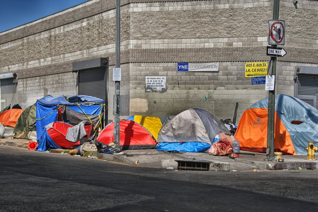 Tents of the homeless  on the sidewalk in Skid Row, Los Angeles