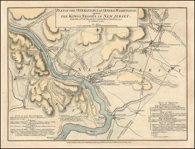 Map of Delaware River area depicting route George Washington and his Army made during the crossingby William Faden