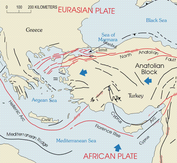 Faults in western Turkey are concentrated just southwest of Istanbul, passing under the Sea of Marmara and the Aegean Sea.