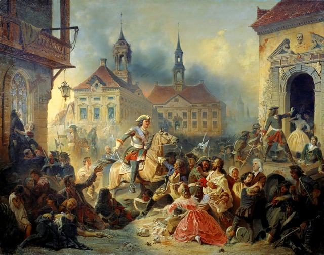 Peter I of Russia pacifies his marauding troops after taking Narva in 1704 by Nikolay Sauerweid, 1859