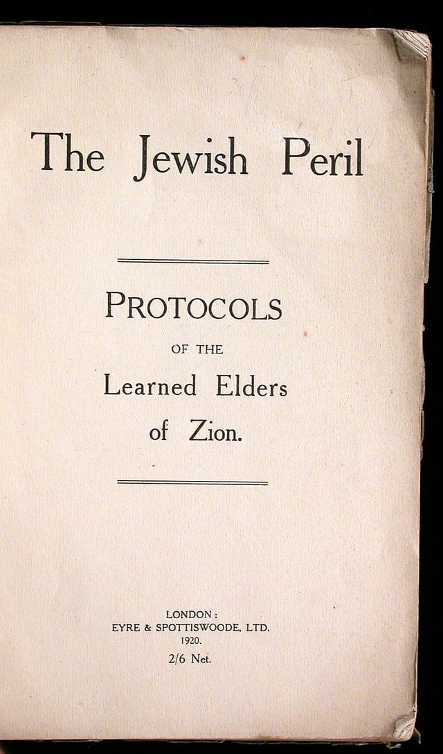 Title page of the 1920 first British & English-language edition of the Protocols of the [Learned] Elders of Zion
