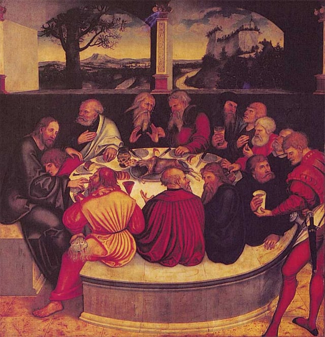 A Lutheran depiction of the Last Supper by Lucas Cranach the Elder, 1547.