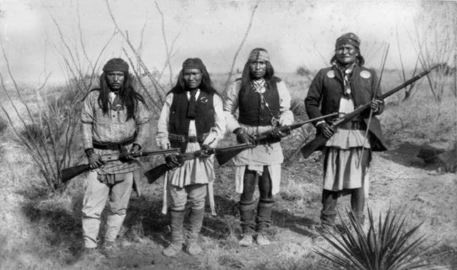 Geronimo (far right) and his Apache warriors fought against both Mexican and American settlers.