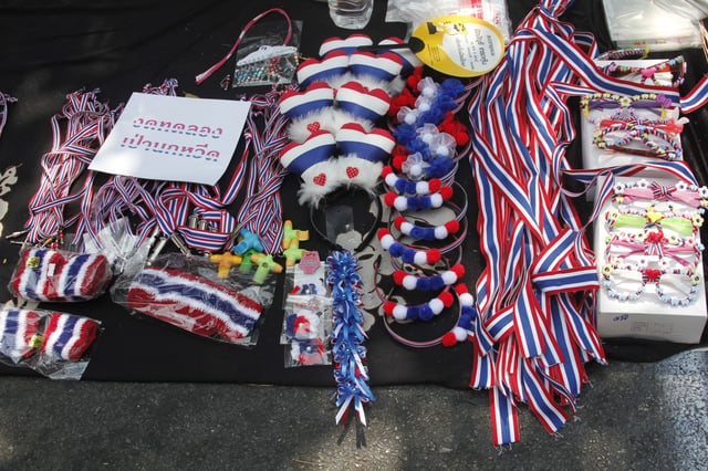 Fashion accessories in the colours of the Thai flag are signature of anti-government protesters during Bangkok shutdown in January 2014.
