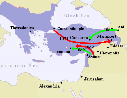 Byzantine territory (purple), Byzantine campaigns (red) and Seljuk campaigns (green).