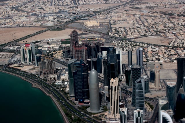 Doha's Al Dafna area with the high-rises seen on the water front and the villa compounds and other residential areas seen in the background.