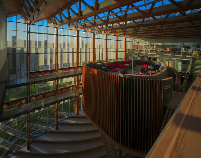 The interior of the new Student Union Building contains a "bird's nest" where students may relax and study.
