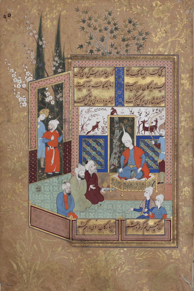"Jealousy among Rivals" attributed to Muhammadi. Miniature painting contained in a Persian volume entitled Busta by Sa'di in 1579, possibly under the patronage of Vizier Mirza Salman Jaberi. E.M. Soudavar Trust, Houston, Texas.