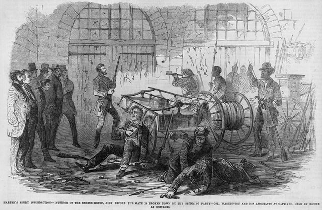 A contemporary newspaper illustration showing the interior of the engine house immediately before the door is broken down by U.S. Marines