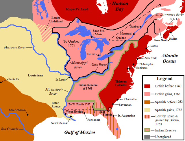 Territorial changes following the French and Indian War; land held by the British before 1763 is shown in red, land gained by Britain in 1763 is shown in pink
